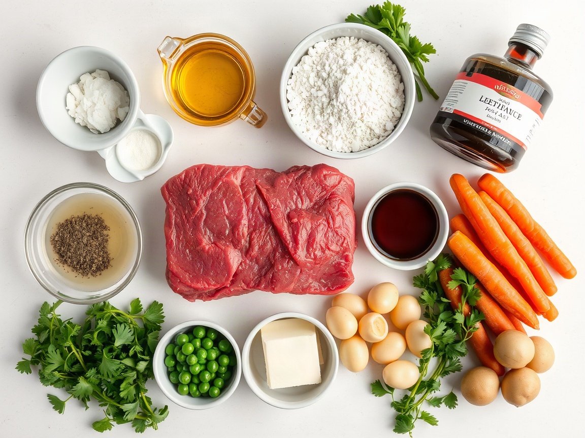 Ingredients for Beef Stew: boneless beef chuck roast, salt, black pepper, all-purpose flour, vegetable oil, onion, garlic, tomato paste, dried thyme, low-sodium beef broth, Worcestershire sauce, bay leaf, carrots, Yukon Gold potatoes, frozen peas and fresh parsley