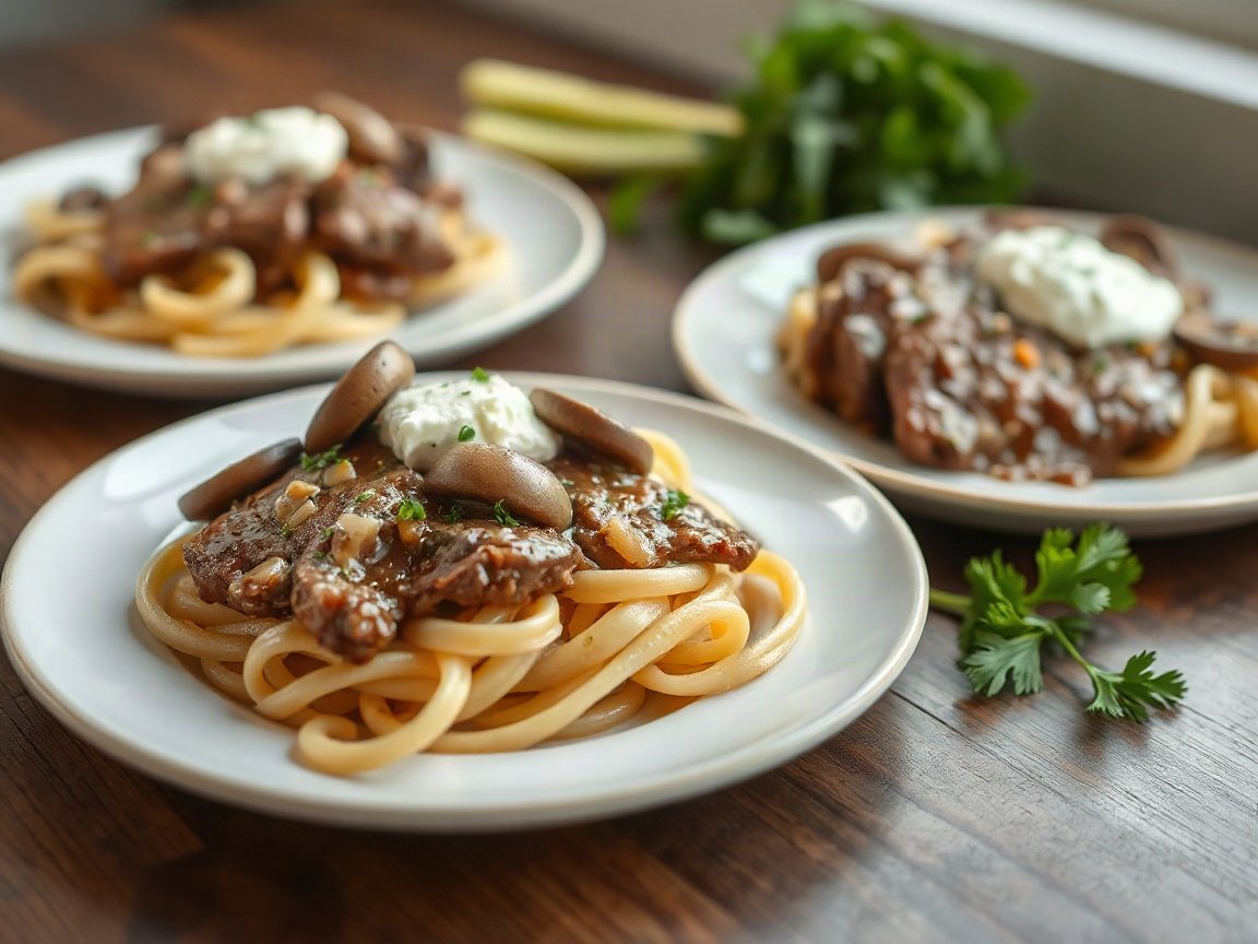 One-Pan Beef Stroganoff for One or Two (Seared Sirloin and Egg Noodles) plated as two servings, close-up