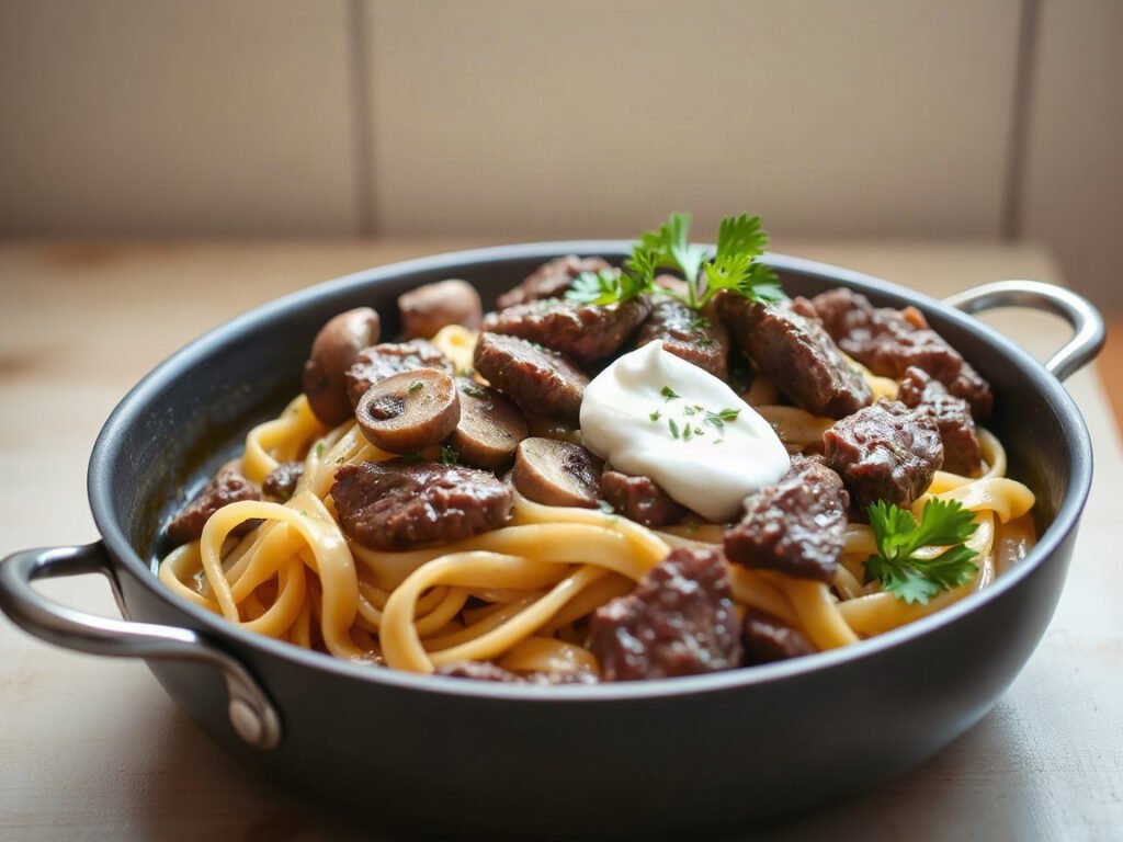 One-Pan Beef Stroganoff for One or Two (Seared Sirloin and Egg Noodles), fully cooked and ready to serve for two