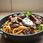 One-Pan Beef Stroganoff for One or Two (Seared Sirloin and Egg Noodles), fully cooked and ready to serve for two