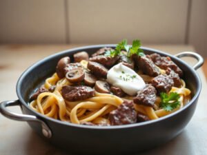 One-Pan Beef Stroganoff for One or Two (Seared Sirloin and Egg Noodles), fully cooked and ready to serve for two