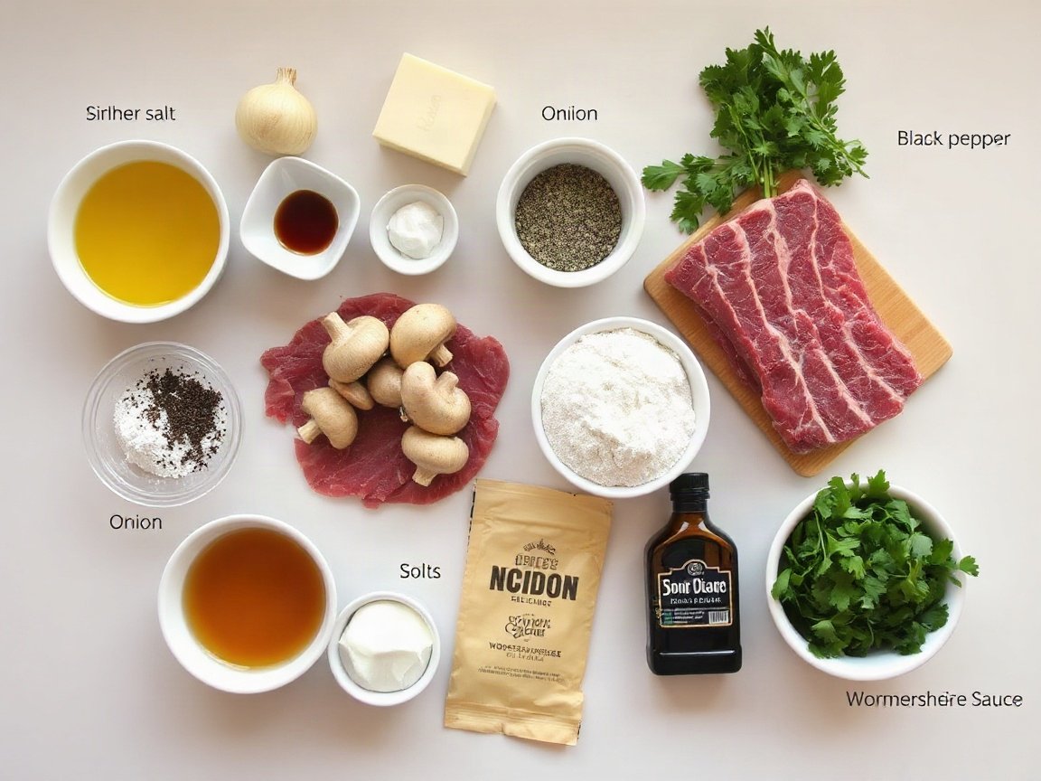Ingredients for One-Pan Beef Stroganoff for One or Two (Seared Sirloin and Egg Noodles): sirloin steak, kosher salt, black pepper, olive oil, butter, onion, mushrooms, garlic, flour, beef broth, egg noodles, sour cream, Dijon mustard, Worcestershire sauce and parsley