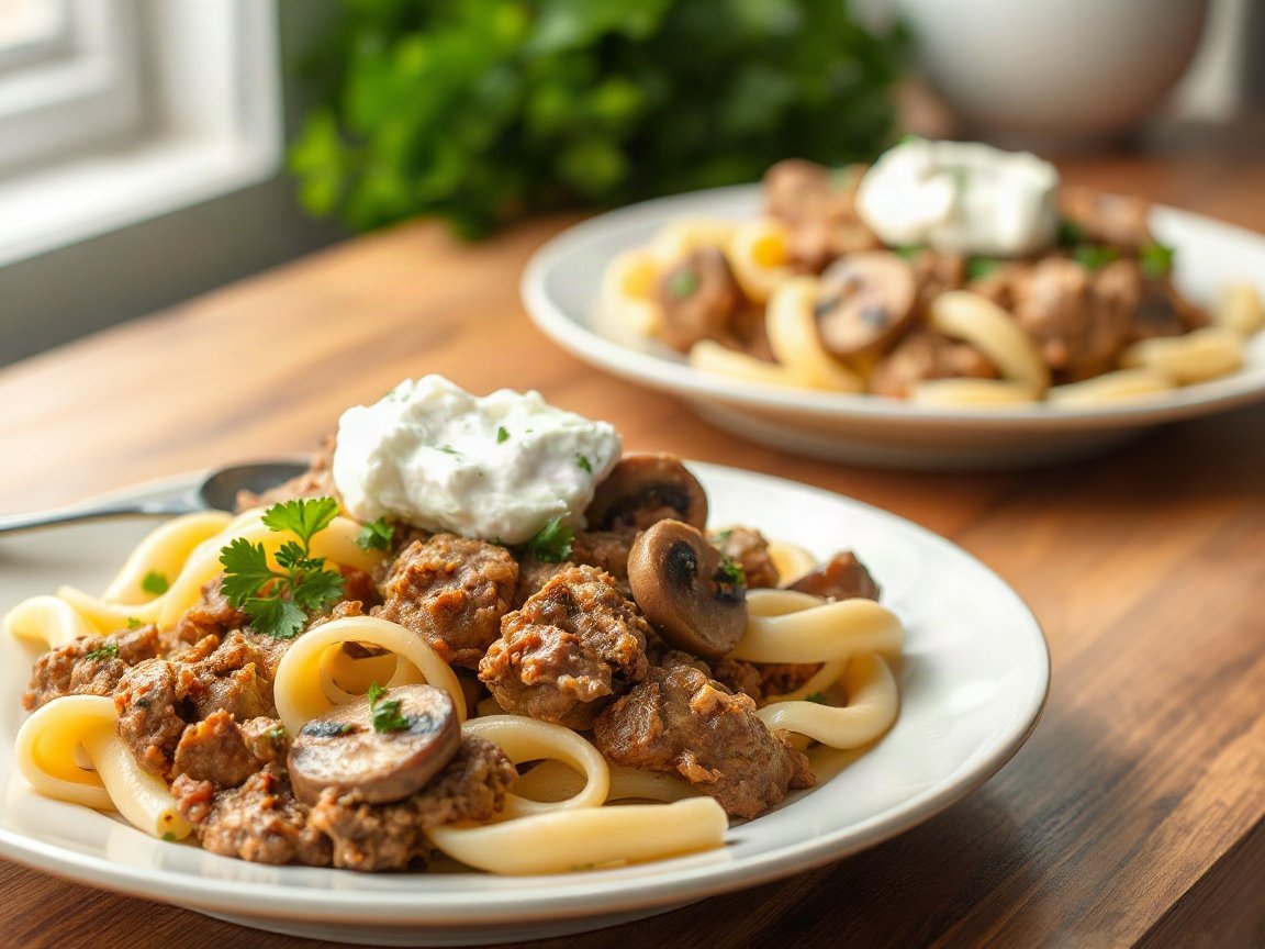 Beef Stroganoff Freezer Meal for Two (Ground Beef, Make-Ahead) 5 Ground Beef Stroganoff Freezer Meal plated as two servings, close-up