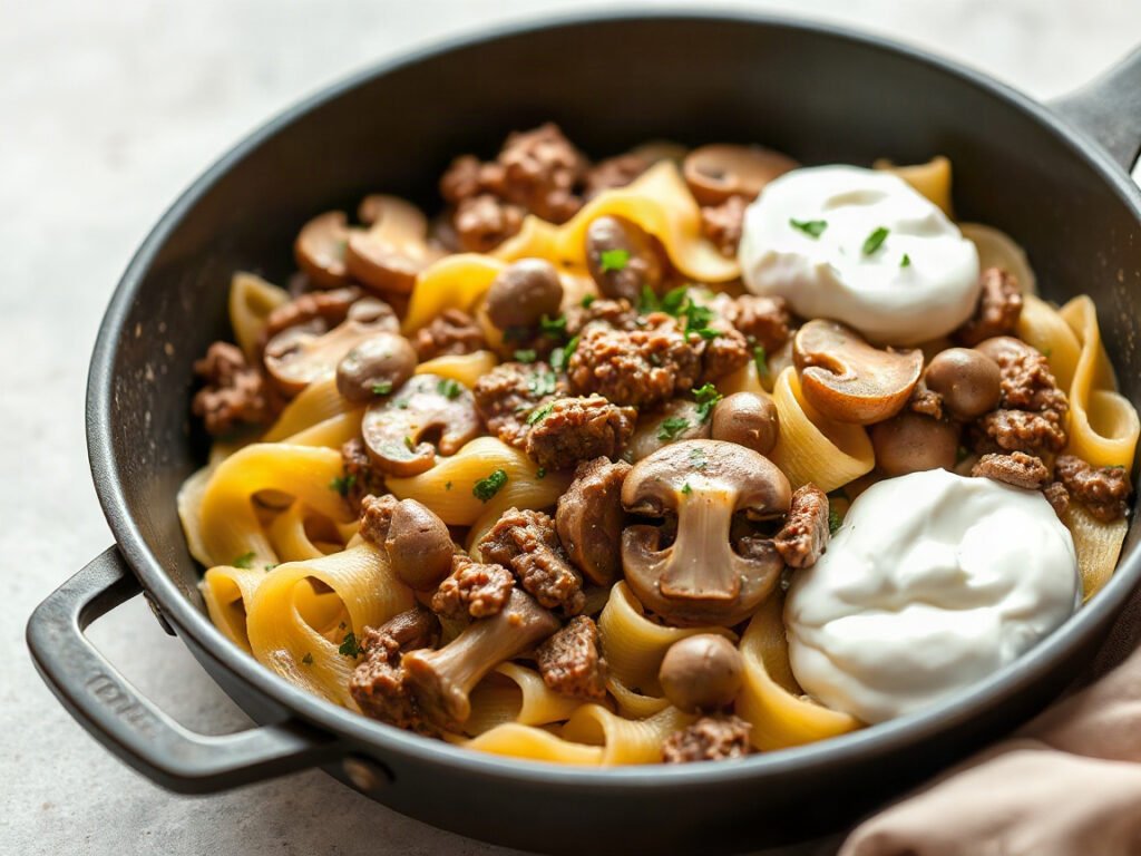 Ground Beef Stroganoff Freezer Meal, fully cooked and ready to serve for two