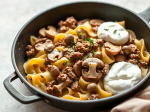 Ground Beef Stroganoff Freezer Meal, fully cooked and ready to serve for two