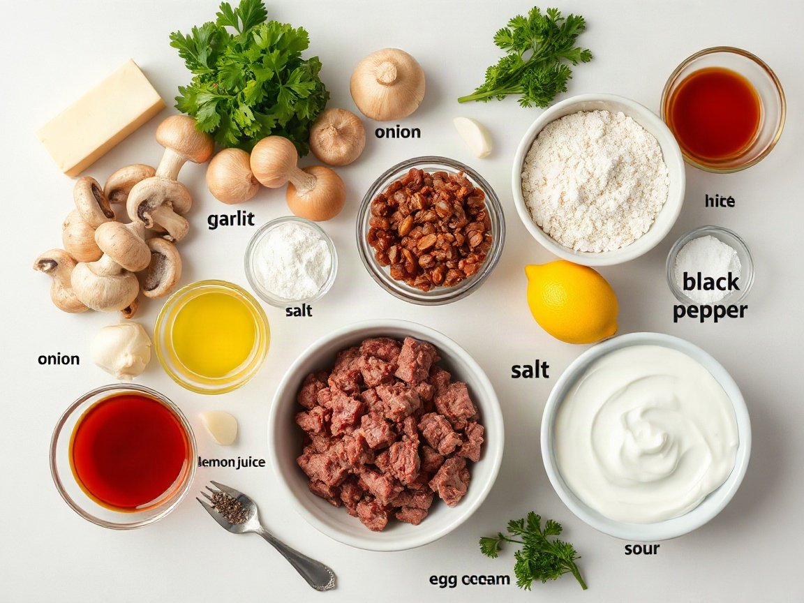 Beef Stroganoff Freezer Meal for Two (Ground Beef, Make-Ahead) 4 Ingredients for Ground Beef Stroganoff Freezer Meal: butter, mushrooms, onion, garlic, ground beef, flour, beef broth, Worcestershire sauce, lemon juice, salt, black pepper, egg noodles, sour cream and parsley