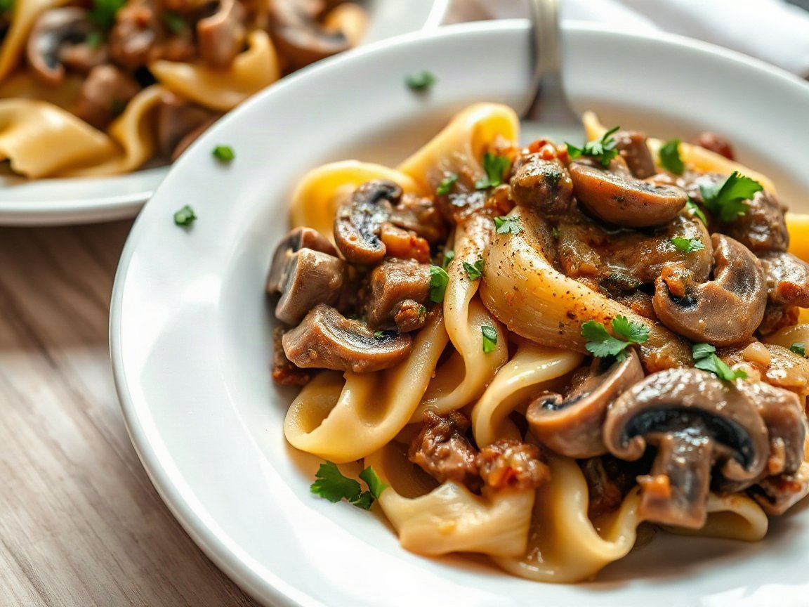 Leftover Roast Beef Stroganoff plated as two servings, close-up