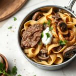 Leftover Roast Beef Stroganoff, fully cooked and ready to serve for two