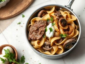 Leftover Roast Beef Stroganoff, fully cooked and ready to serve for two