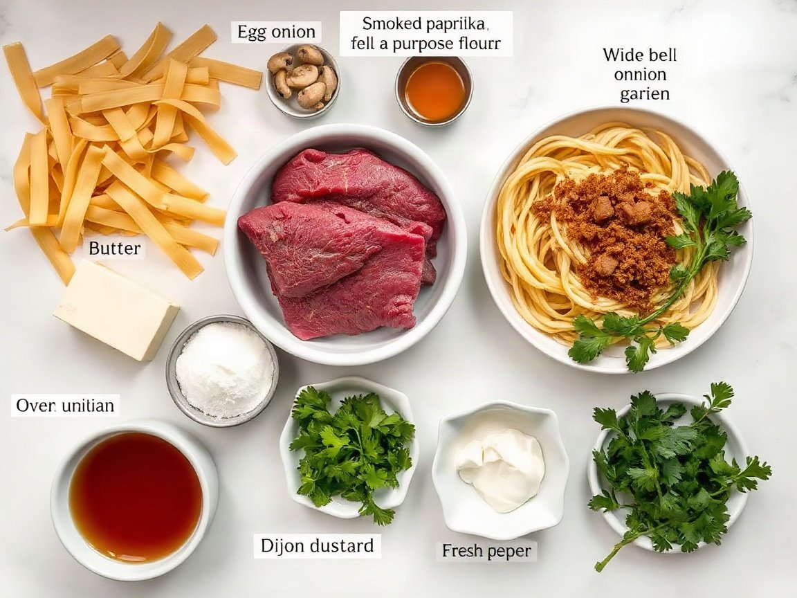 Ingredients for Leftover Roast Beef Stroganoff: wide egg noodles, butter, onion, baby bella mushrooms, garlic, smoked paprika, all-purpose flour, low-sodium beef broth, Dijon mustard, leftover roast beef, sour cream, salt, black pepper and fresh parsley