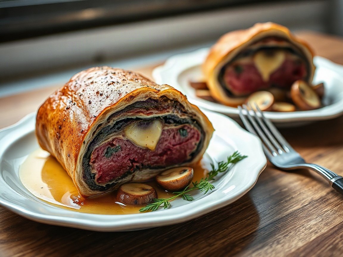 Beef Wellington plated as two servings, close-up
