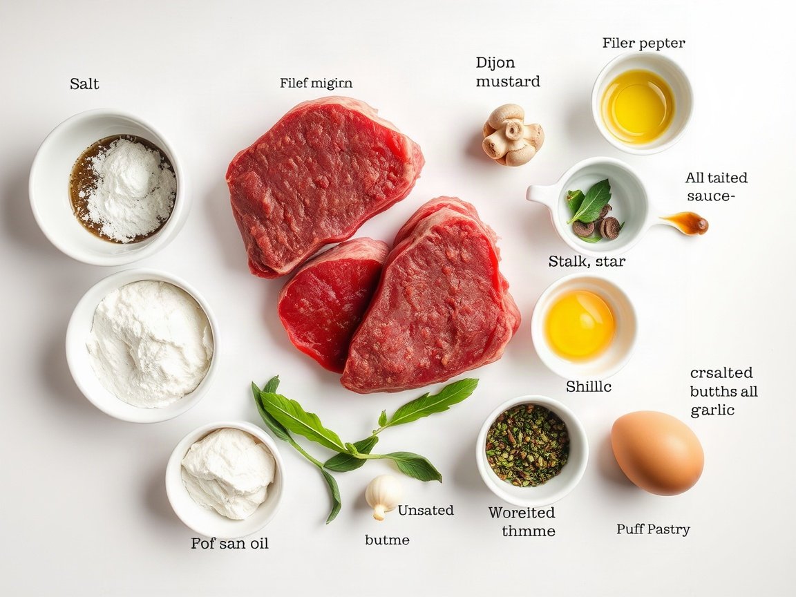 Ingredients for Beef Wellington: filet mignon steaks, salt, black pepper, olive oil, Dijon mustard, cremini mushrooms, shallot, unsalted butter, garlic, dried thyme, Worcestershire sauce, all-purpose flour, puff pastry and egg