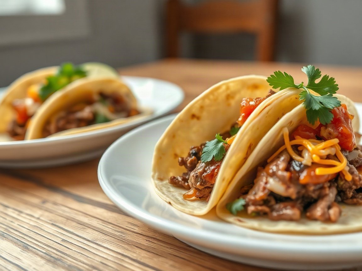 Birria Tacos for Two (Crispy Quesabirria with Consommé) 5 Birria Tacos plated as two servings, close-up
