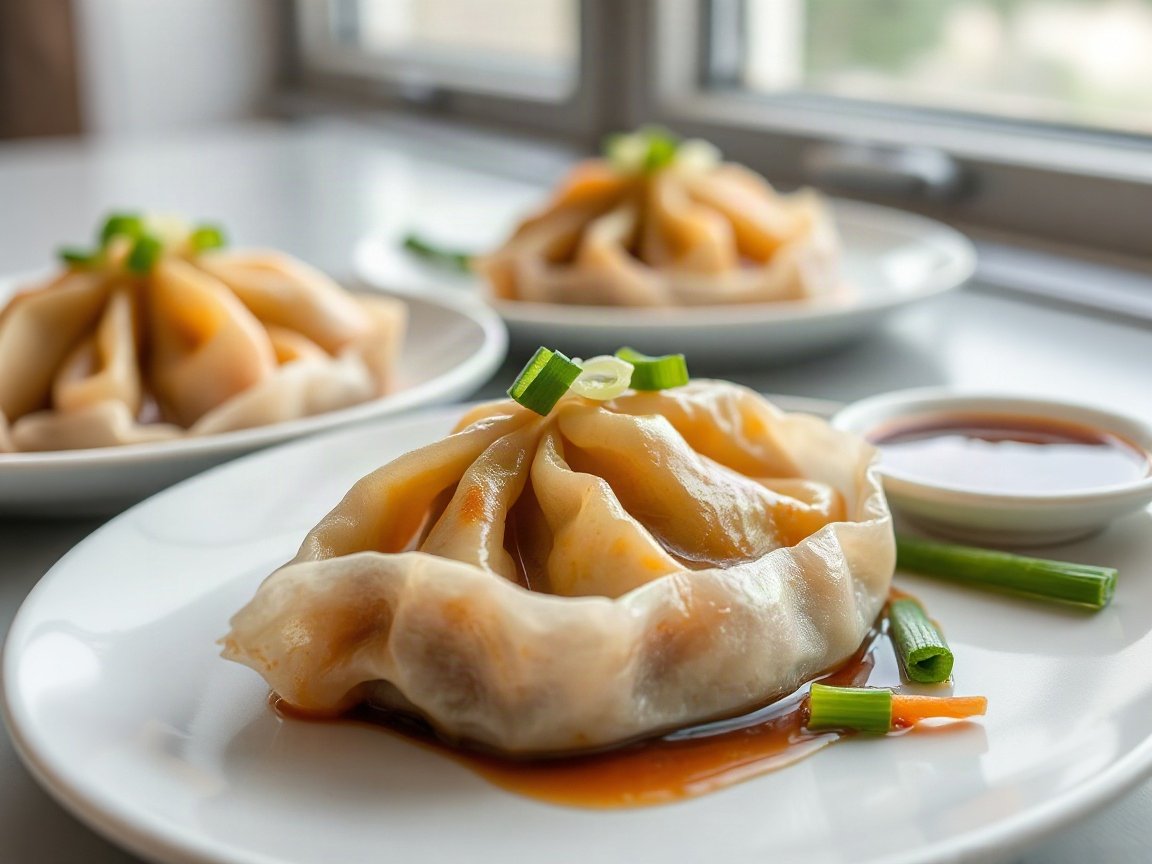 Blanket Dumplings for Two (Easy No-Fold Skillet Dumplings) 5 Blanket Dumplings plated as two servings, close-up