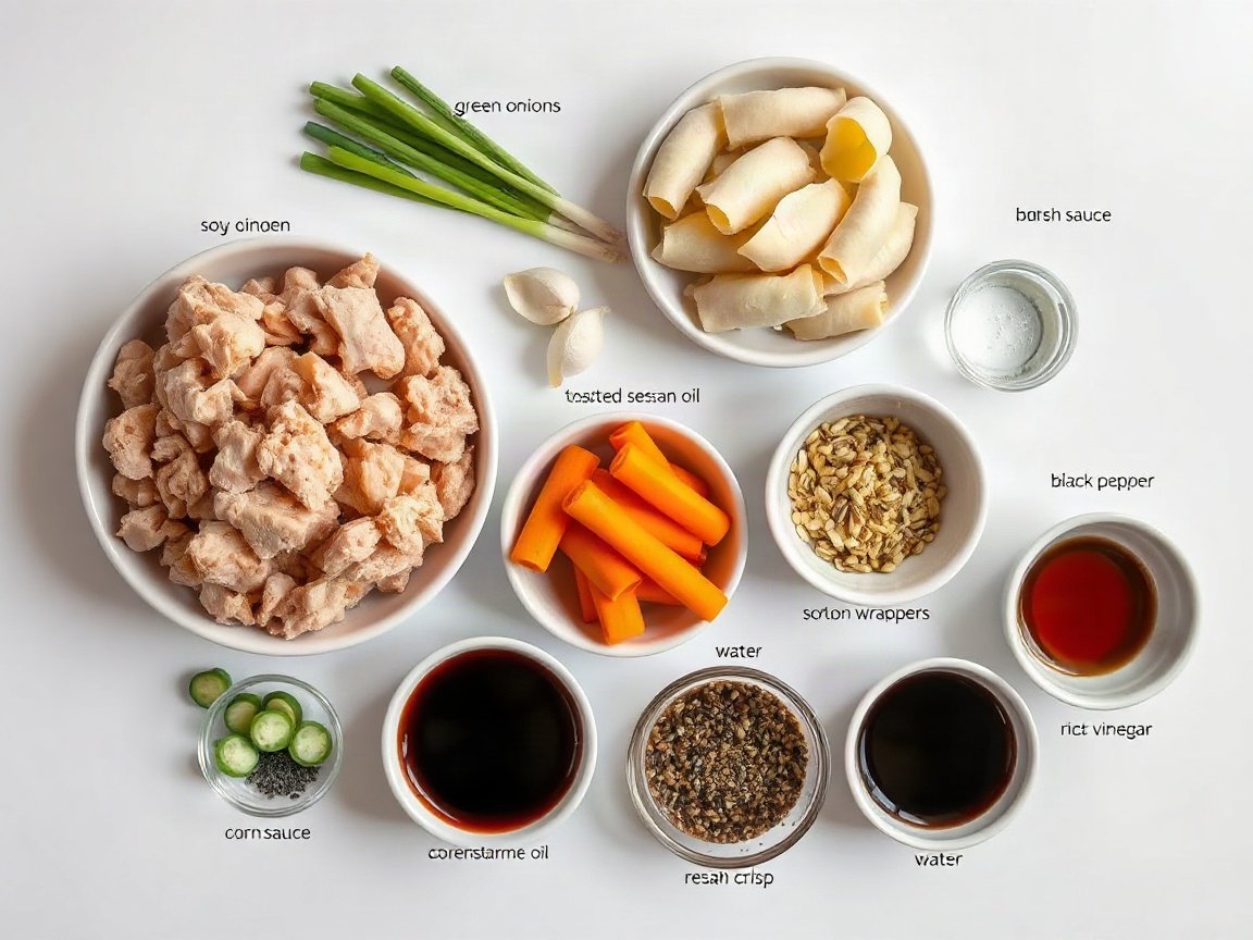 Blanket Dumplings for Two (Easy No-Fold Skillet Dumplings) 4 Ingredients for Blanket Dumplings: ground chicken, carrot, green onions, garlic, fresh ginger, soy sauce, toasted sesame oil, cornstarch, black pepper, wonton wrappers, vegetable oil, water, soy sauce for dipping, rice vinegar, chili crisp and sesame seeds