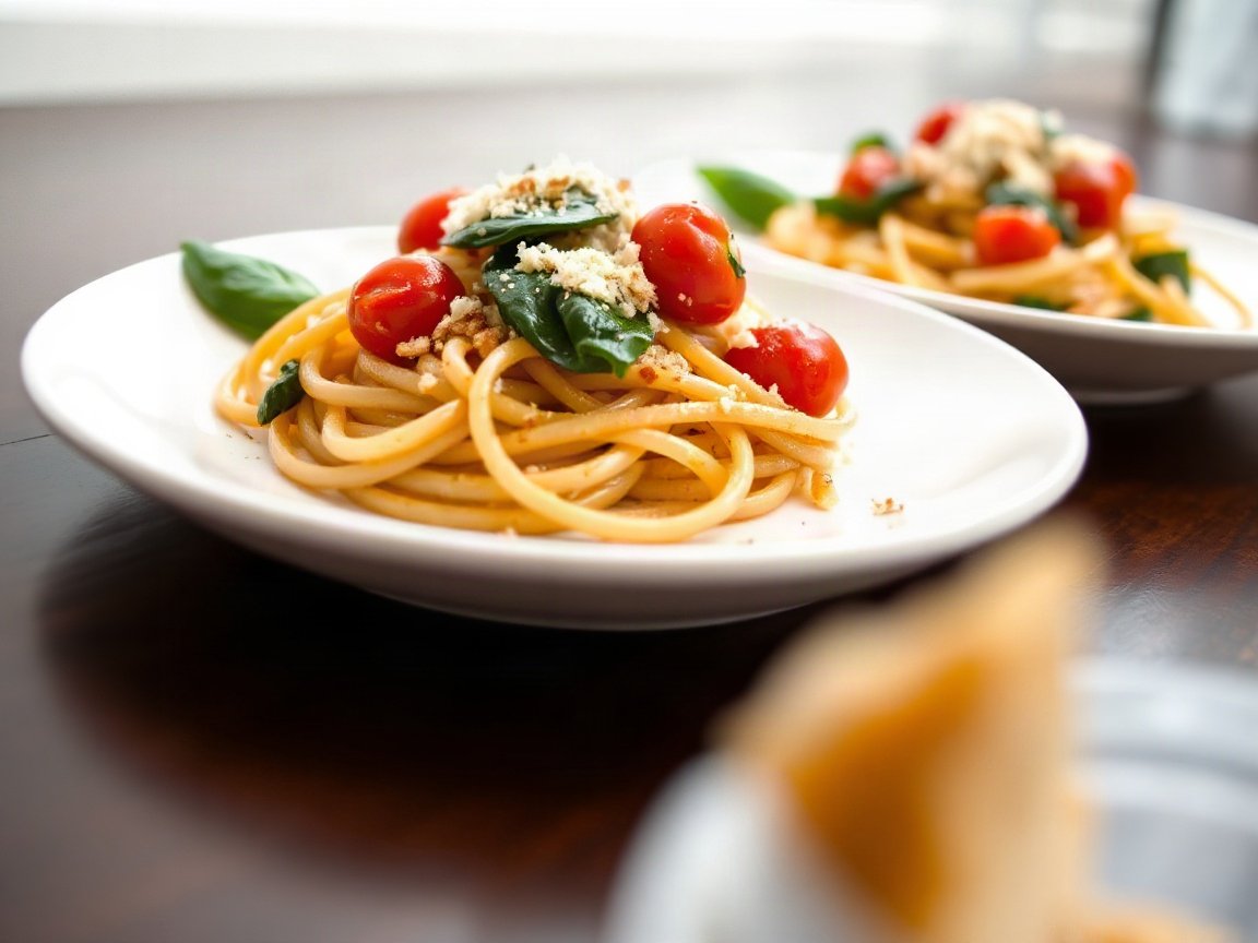 Boursin Pasta for Two (Baked Cherry Tomato and Spinach) plated as two servings, close-up