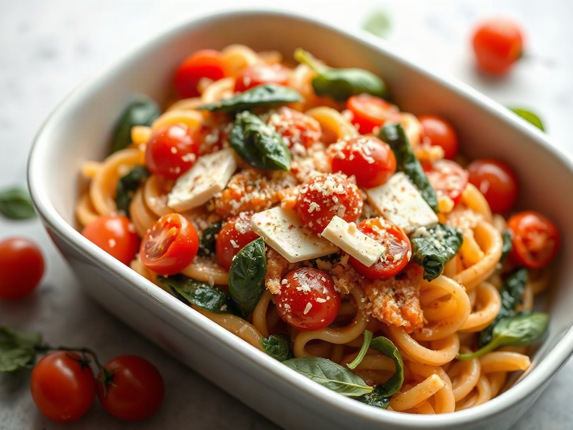 Boursin Pasta for Two (Baked Cherry Tomato and Spinach)