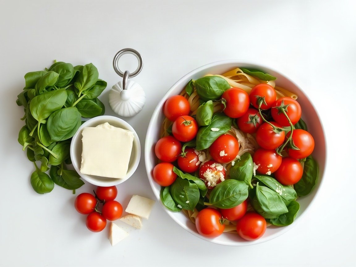 Ingredients for Boursin Pasta for Two (Baked Cherry Tomato and Spinach): cherry tomatoes, garlic, olive oil, salt, black pepper, red pepper flakes, Boursin, pasta, baby spinach, basil and Parmesan