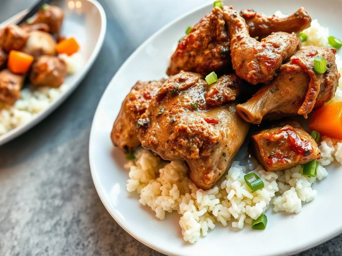 Brown Stew Chicken for Two (Jamaican-Style, One Skillet) 5 Brown Stew Chicken plated as two servings, close-up
