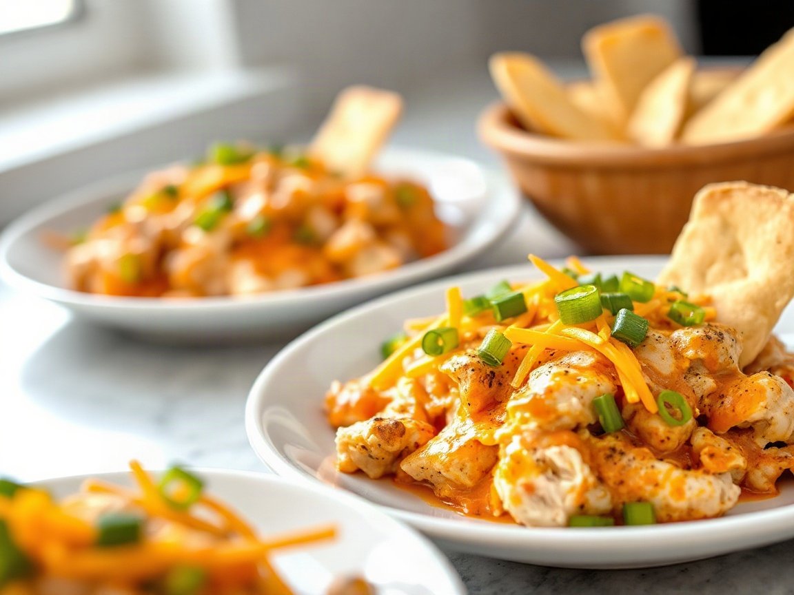 Buffalo Chicken Dip plated as two servings, close-up