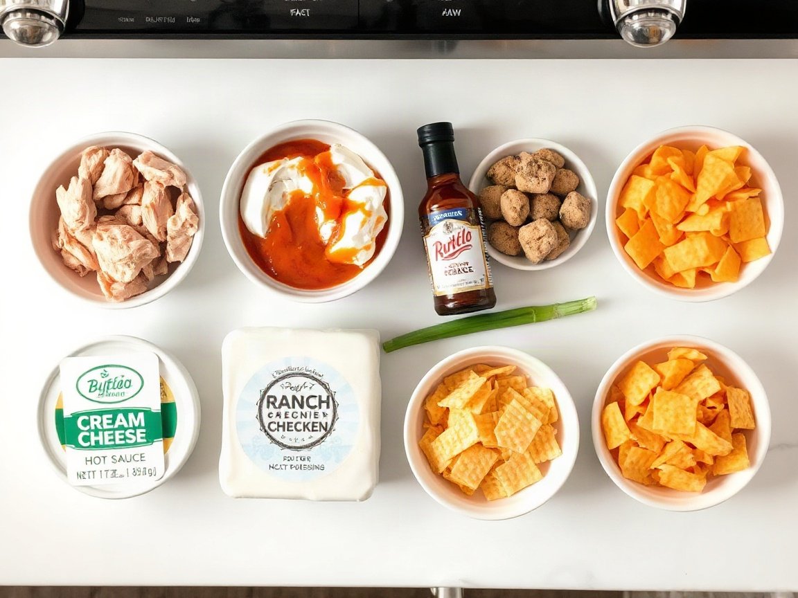 Ingredients for Buffalo Chicken Dip: cooked chicken, cream cheese, ranch dressing, hot sauce, garlic powder, black pepper, cheddar cheese, green onion and dippers