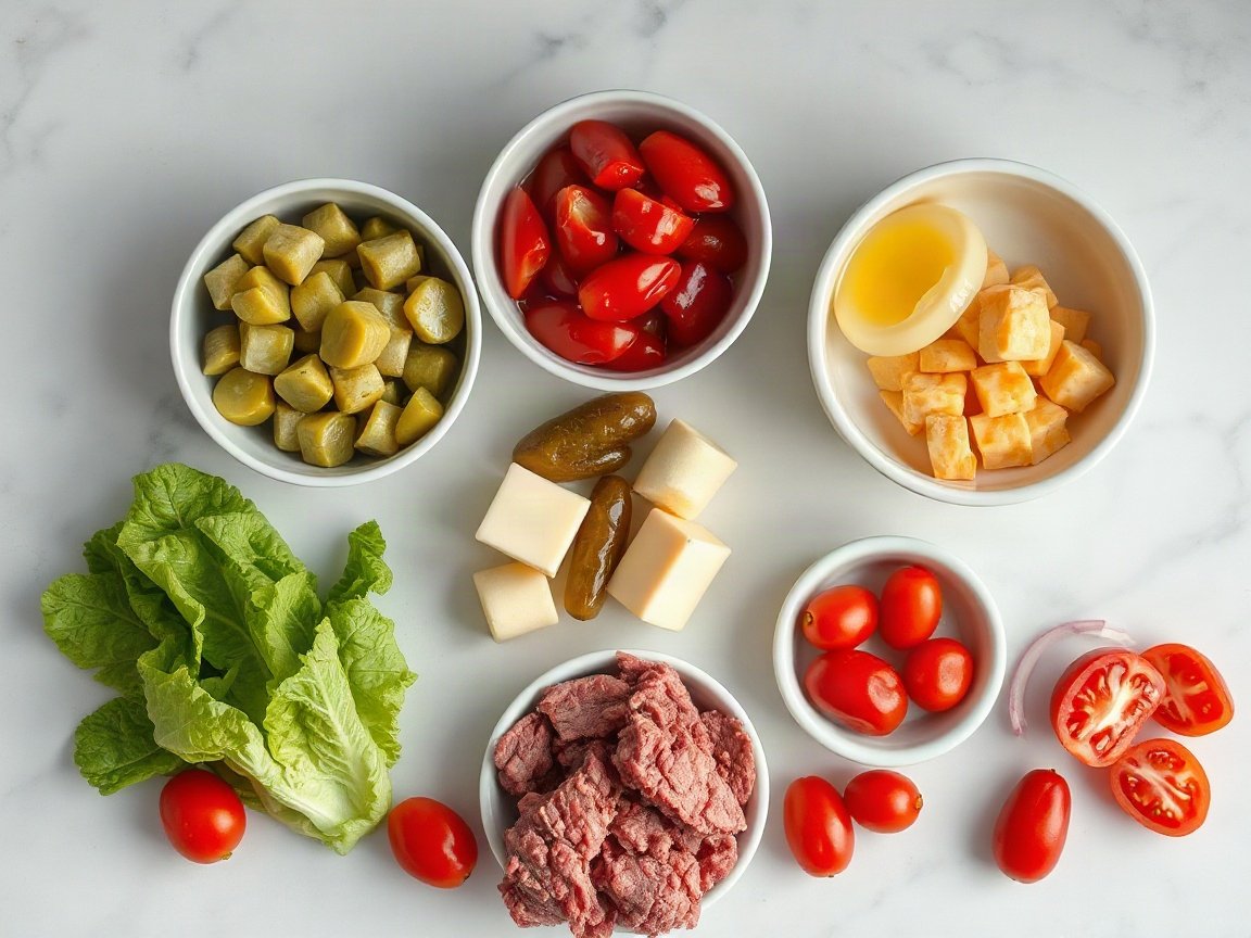 Ingredients for Burger Bowls: mayonnaise, ketchup, chopped pickles, yellow mustard, pickle juice, olive oil, ground beef, garlic powder, onion powder, kosher salt, black pepper, romaine, cherry tomatoes, red onion and cheddar