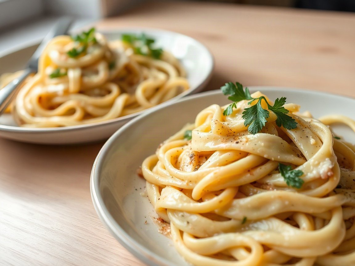 Cabbage Alfredo for Two (Creamy Garlic Parmesan Cabbage Noodles) 5 Cabbage Alfredo plated as two servings, close-up