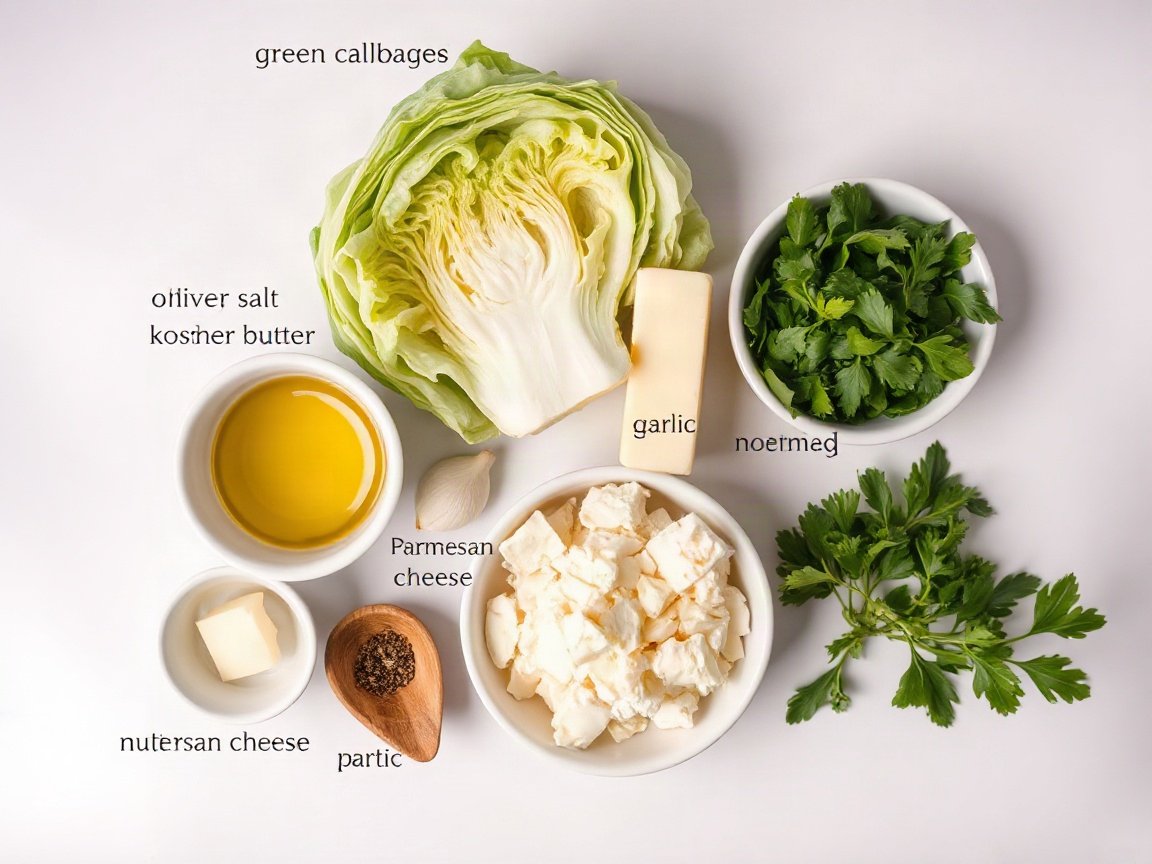 Cabbage Alfredo for Two (Creamy Garlic Parmesan Cabbage Noodles) 4 Ingredients for Cabbage Alfredo: green cabbage, olive oil, kosher salt, unsalted butter, garlic, heavy cream, Parmesan cheese, lemon zest, nutmeg, black pepper and parsley