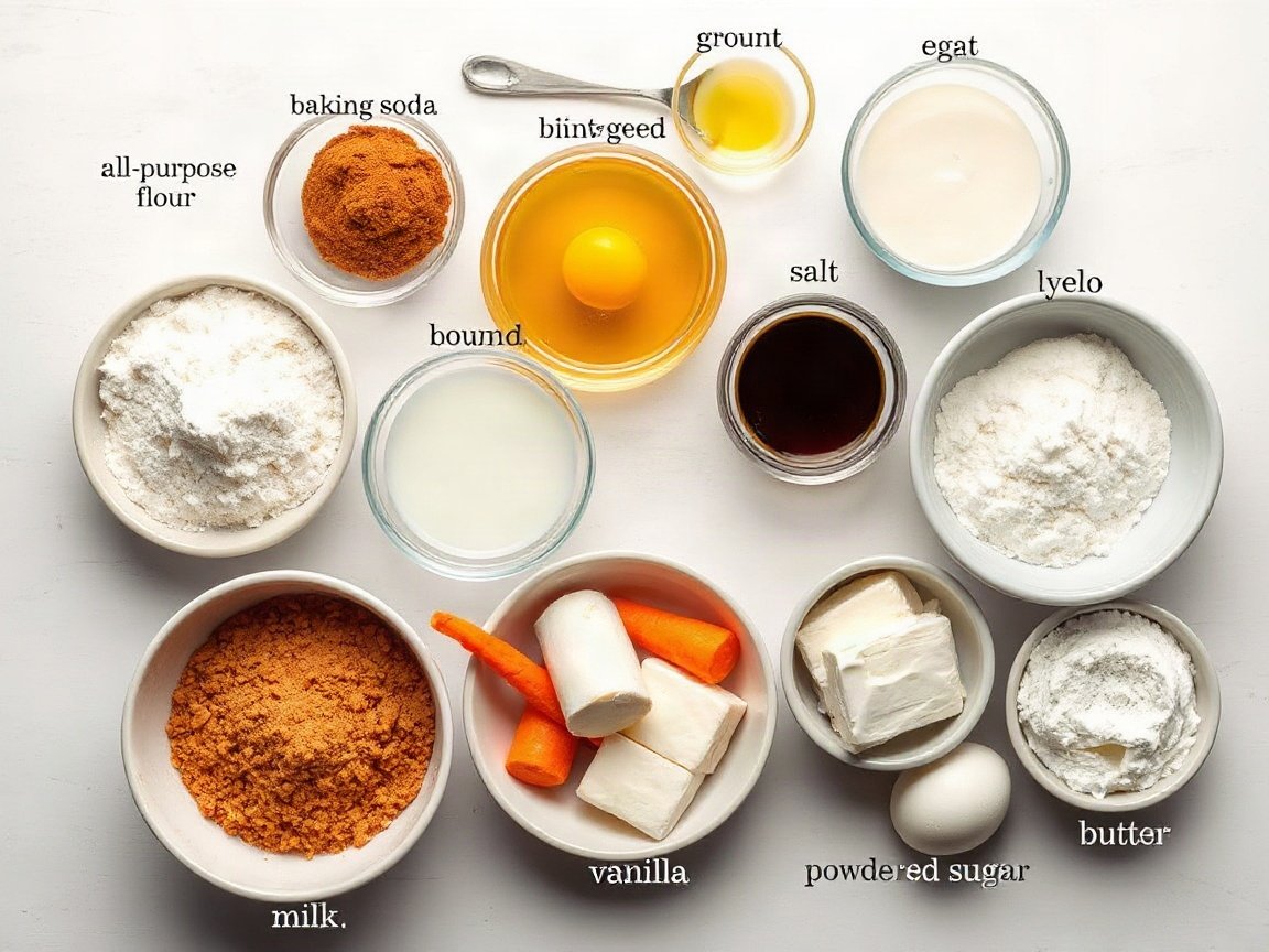 Carrot Cake for Two (Mini Ramekin Cakes with Cream Cheese Frosting) 4 Ingredients for Carrot Cake: all-purpose flour, baking powder, baking soda, ground cinnamon, ground nutmeg, salt, light brown sugar, vegetable oil, egg yolk, milk, vanilla extract, carrot, cream cheese, unsalted butter and powdered sugar