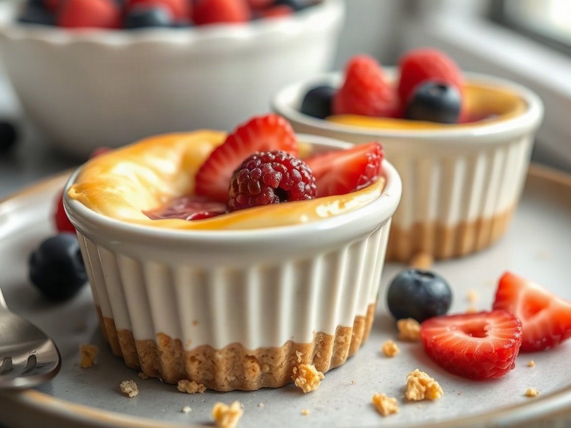 Cheesecake for Two (Mini Baked Cheesecakes in Ramekins) 5 Cheesecake for Two (Mini Baked Cheesecakes in Ramekins) served as two portions, close-up
