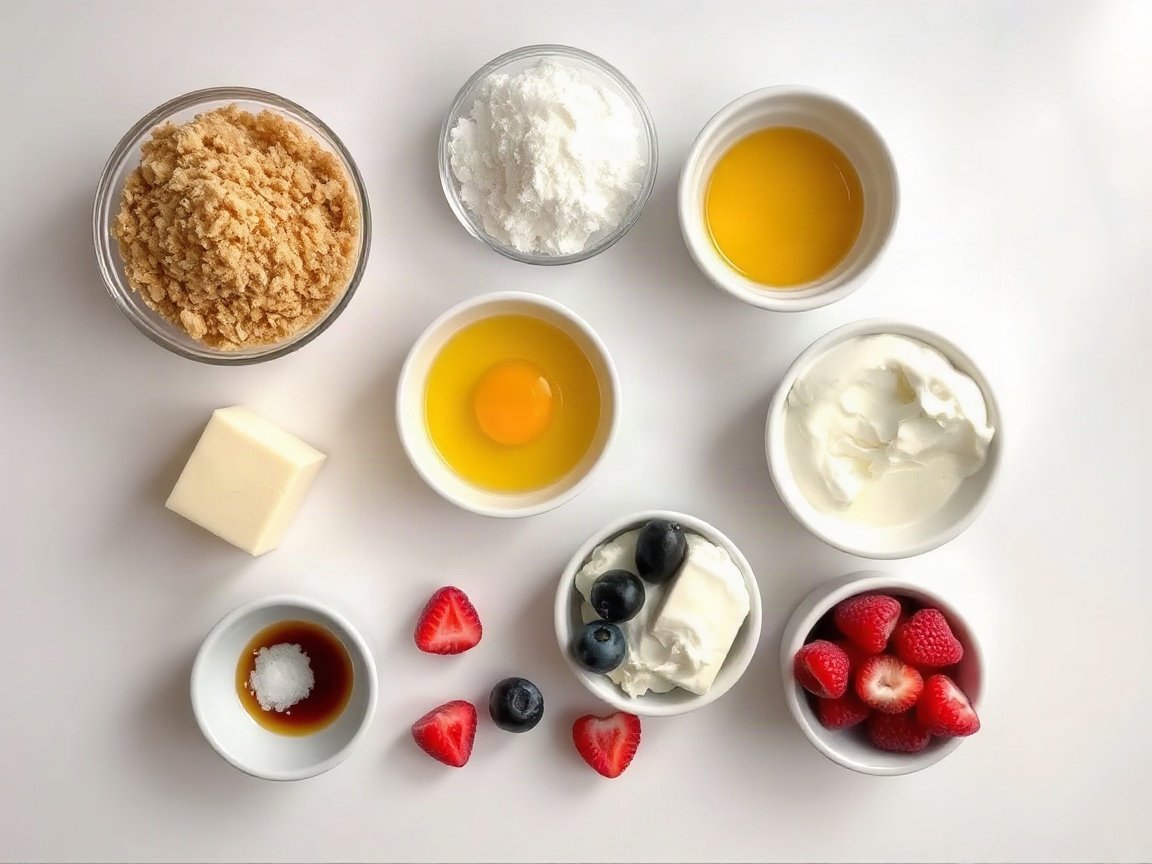 Cheesecake for Two (Mini Baked Cheesecakes in Ramekins) 4 Ingredients for Cheesecake for Two (Mini Baked Cheesecakes in Ramekins): graham cracker crumbs, unsalted butter, sugar for the crust, cream cheese, granulated sugar, egg yolk, sour cream, vanilla extract, salt and fresh berries