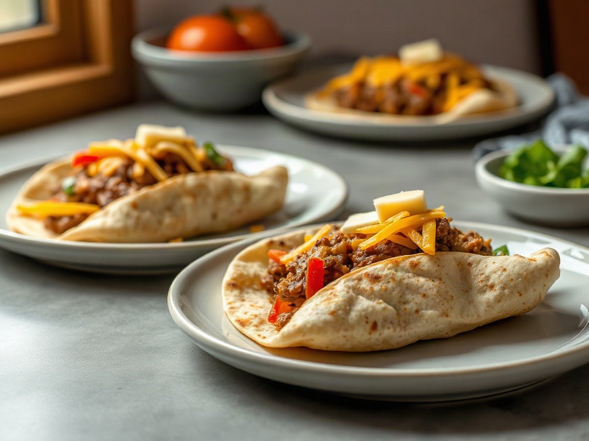 Cheesy Beef Pockets plated as two servings, close-up