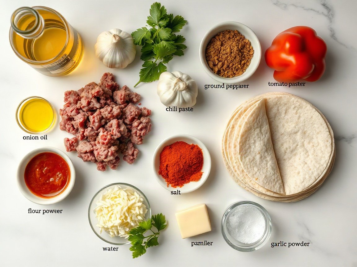 Ingredients for Cheesy Beef Pockets: olive oil, ground beef, onion, red bell pepper, garlic, tomato paste, chili powder, ground cumin, smoked paprika, salt, water, flour tortillas, shredded cheese, butter and garlic powder