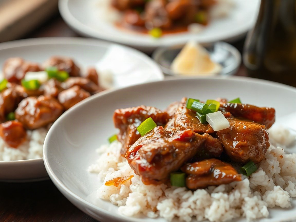 Chicken Adobo for Two (Tangy, Garlicky and One-Skillet) 5 Chicken Adobo plated as two servings, close-up
