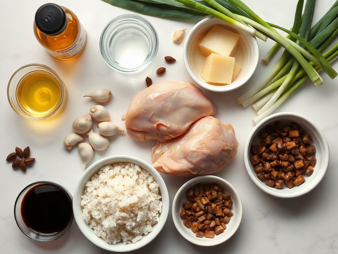 Chicken Adobo for Two (Tangy, Garlicky and One-Skillet) 4 Ingredients for Chicken Adobo: neutral oil, chicken thighs, garlic, soy sauce, vinegar, water, sugar, peppercorns, bay leaves, scallions and rice