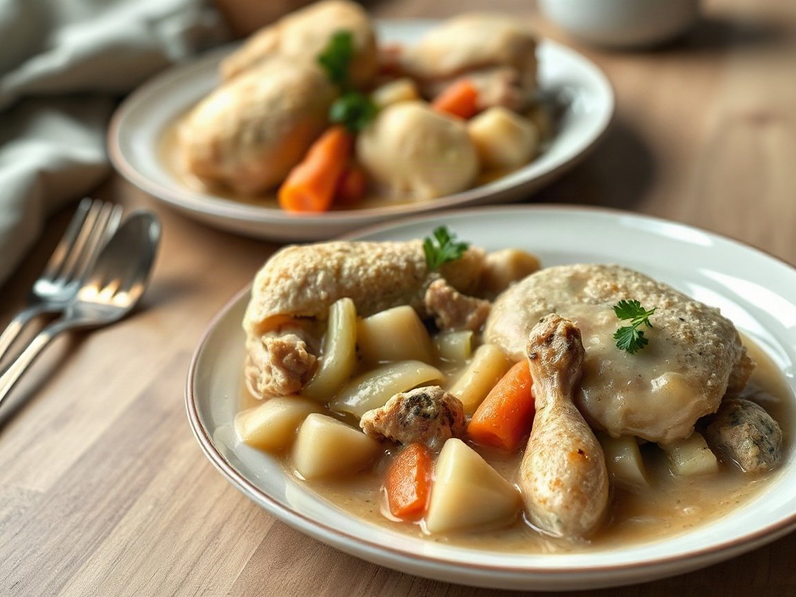 Chicken and Dumplings for Two (One Skillet, Fluffy Dumplings) 5 Chicken and Dumplings plated as two servings, close-up