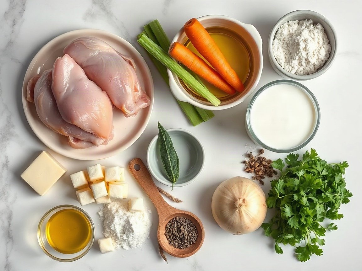 Chicken and Dumplings for Two (One Skillet, Fluffy Dumplings) 4 Ingredients for Chicken and Dumplings: chicken thighs, olive oil, yellow onion, garlic, carrot, celery, butter, flour, chicken broth, milk, dried thyme, dried sage, salt, black pepper, flour for dumplings, baking powder, sugar, garlic powder, milk for dumplings, butter for dumplings and parsley