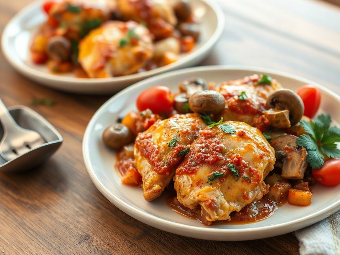 Chicken Cacciatore plated as two servings, close-up