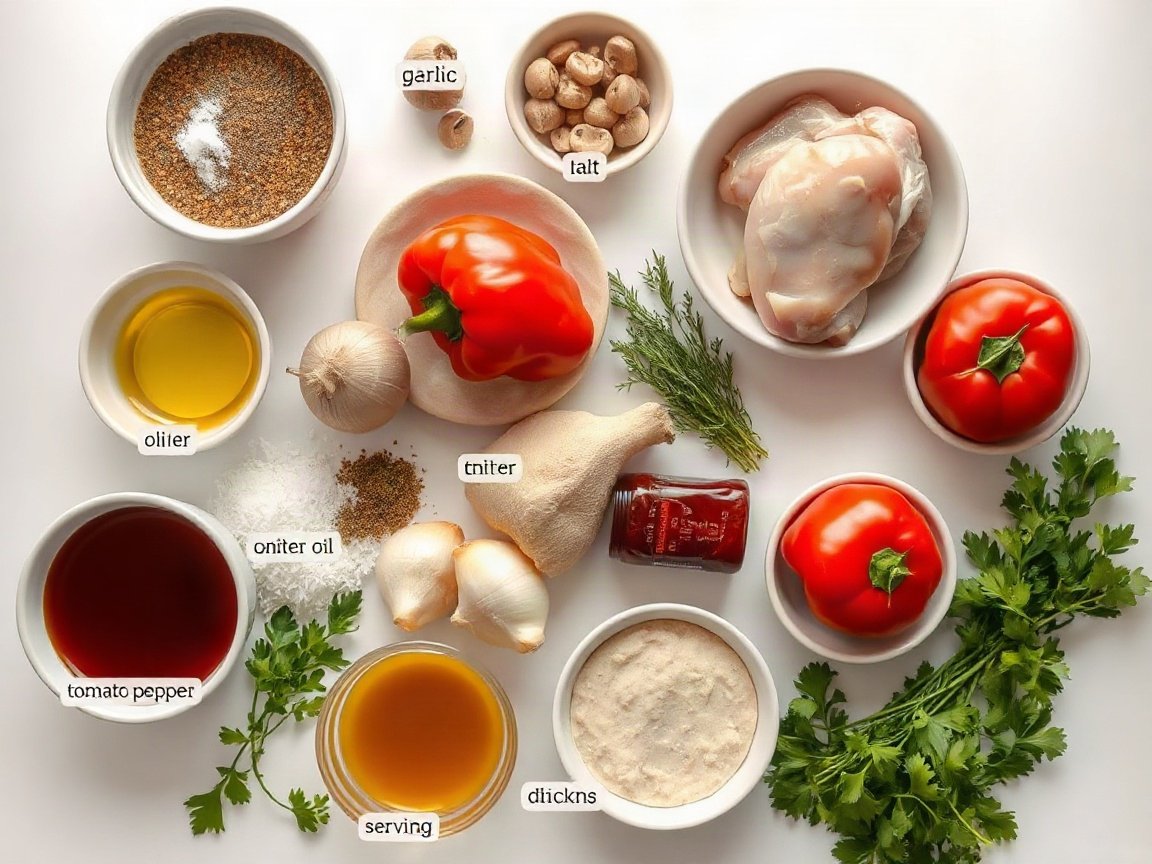 Ingredients for Chicken Cacciatore: chicken thighs, kosher salt, black pepper, olive oil, onion, red bell pepper, mushrooms, garlic, oregano, tomato paste, diced tomatoes, chicken broth, bay leaf, parsley and serving