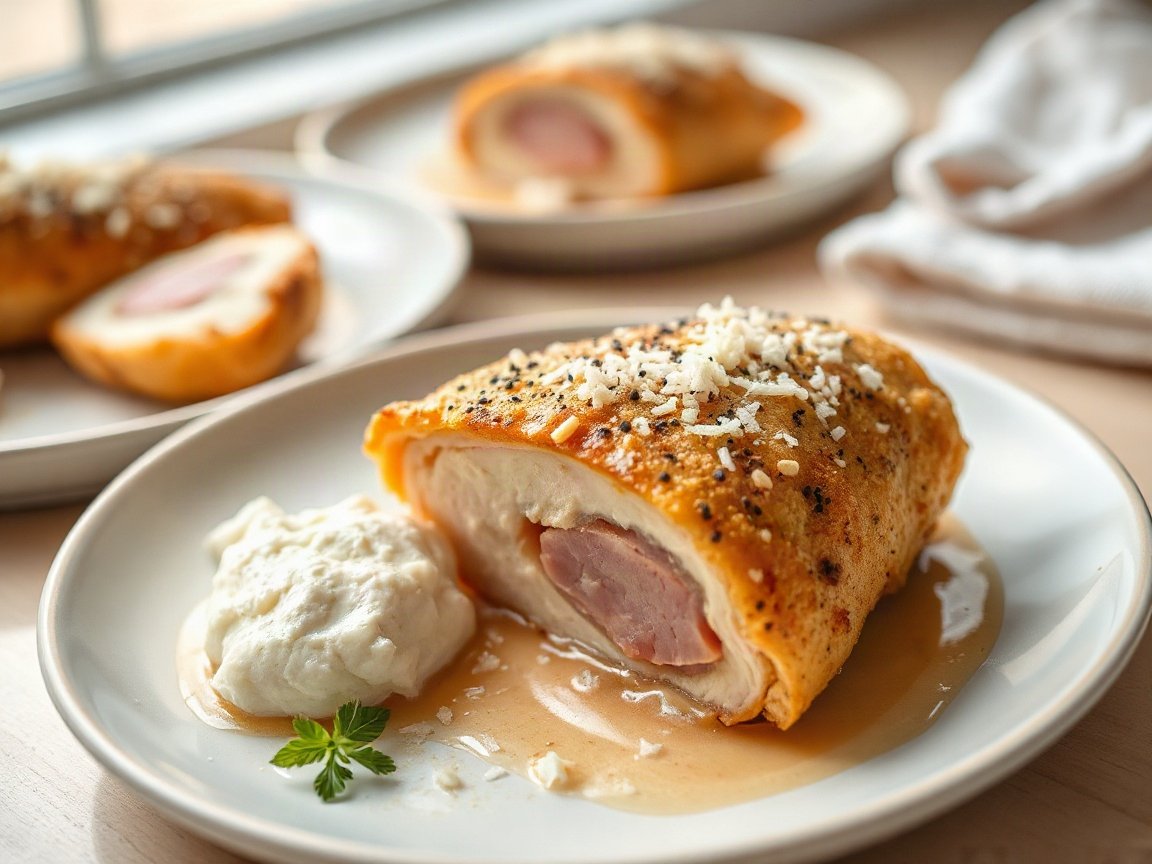 Chicken Cordon Bleu for Two (Crispy, Cheesy and Easy) 5 Chicken Cordon Bleu plated as two servings, close-up