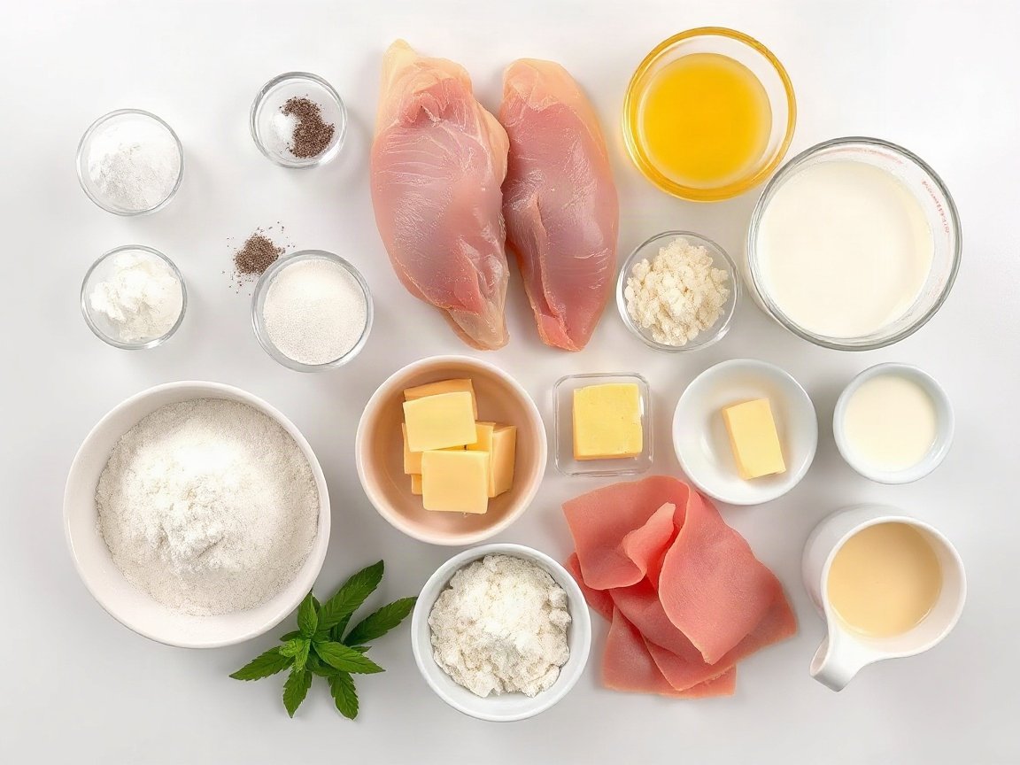 Chicken Cordon Bleu for Two (Crispy, Cheesy and Easy) 4 Ingredients for Chicken Cordon Bleu: chicken breasts, salt, black pepper, Swiss cheese, deli ham, flour for dredging, egg, panko, butter for panko, butter for sauce, flour for sauce, milk, Dijon mustard and Parmesan