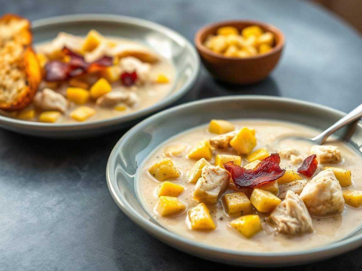 Chicken Corn Chowder plated as two servings, close-up
