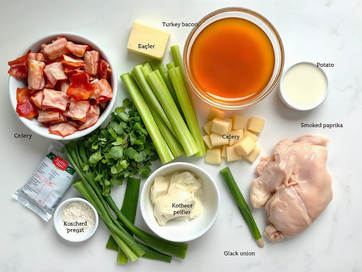 Ingredients for Chicken Corn Chowder: turkey bacon, butter, onion, celery, garlic, flour, smoked paprika, chicken broth, potato, chicken breast, corn, half-and-half, kosher salt, black pepper and green onion