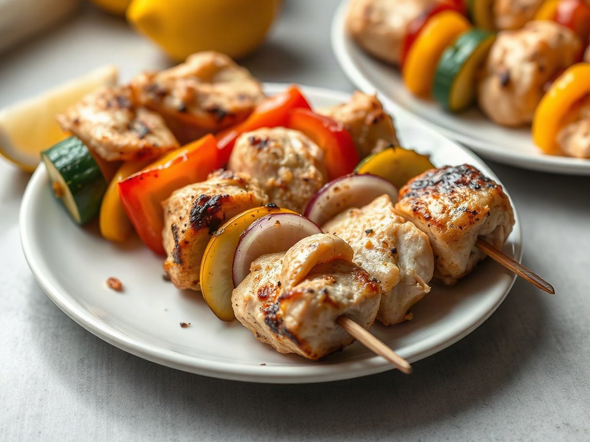 Chicken Kabobs for Two (Honey Lemon Marinade, Grill or Oven) 5 Honey Lemon Chicken Kabobs plated as two servings, close-up