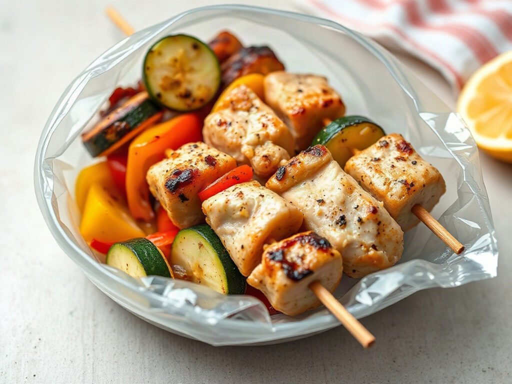 Honey Lemon Chicken Kabobs, fully cooked and ready to serve for two