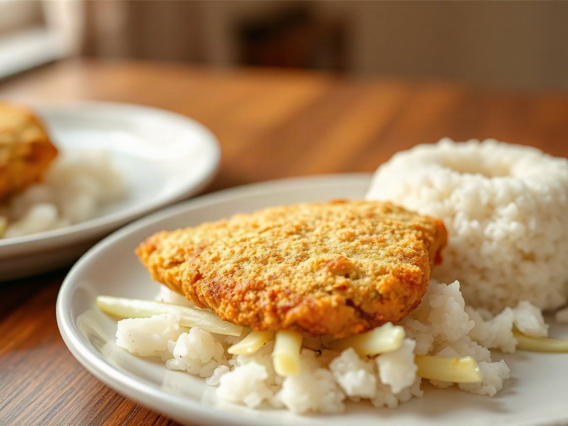 Chicken Katsu plated as two servings, close-up