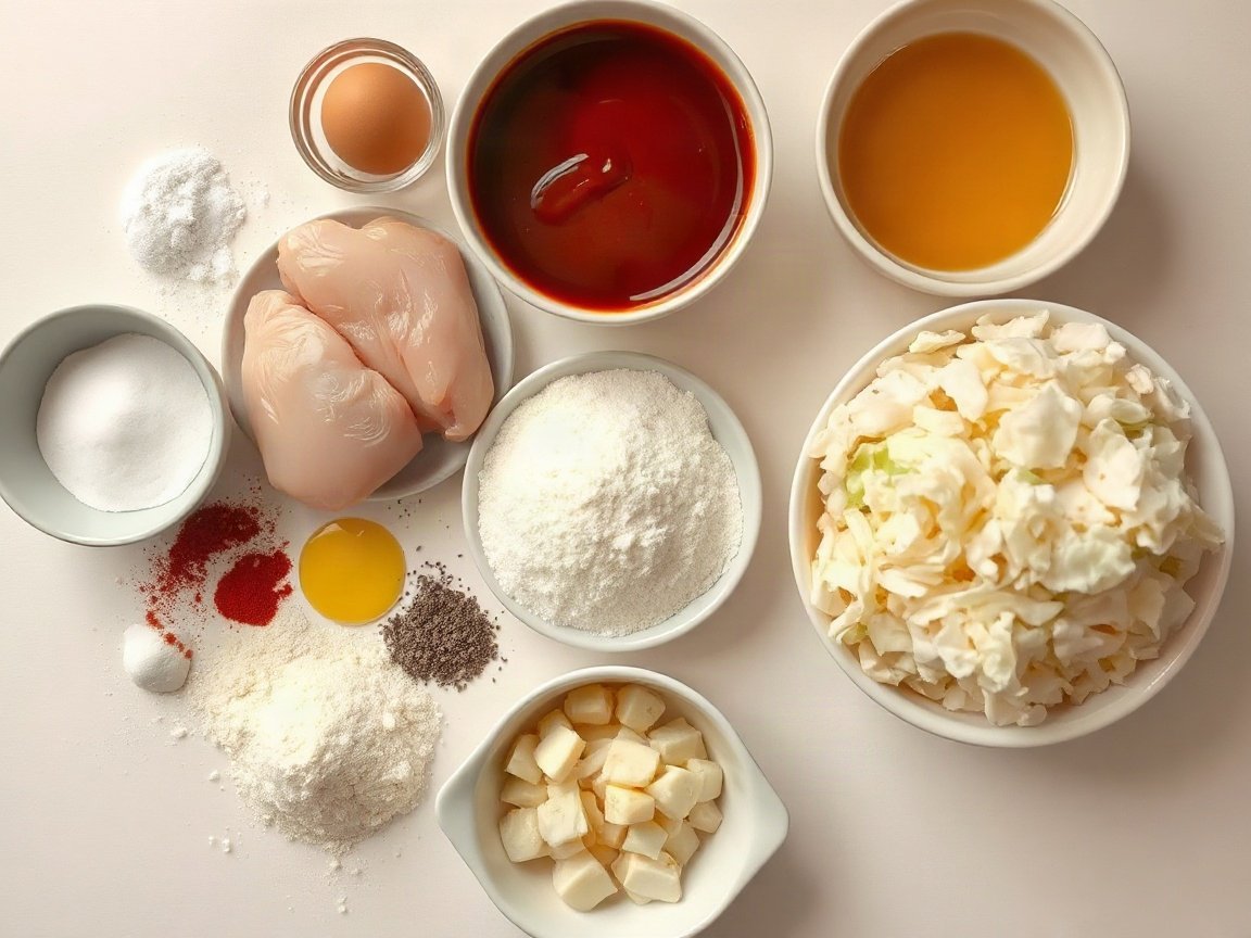 Ingredients for Chicken Katsu: chicken breast, salt, pepper, garlic powder, flour, egg, panko, oil, ketchup, Worcestershire, soy sauce, sugar, cabbage and rice
