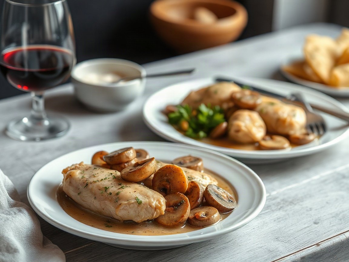 Chicken Marsala for Two (Creamy Mushroom Skillet) 5 Chicken Marsala plated as two servings, close-up