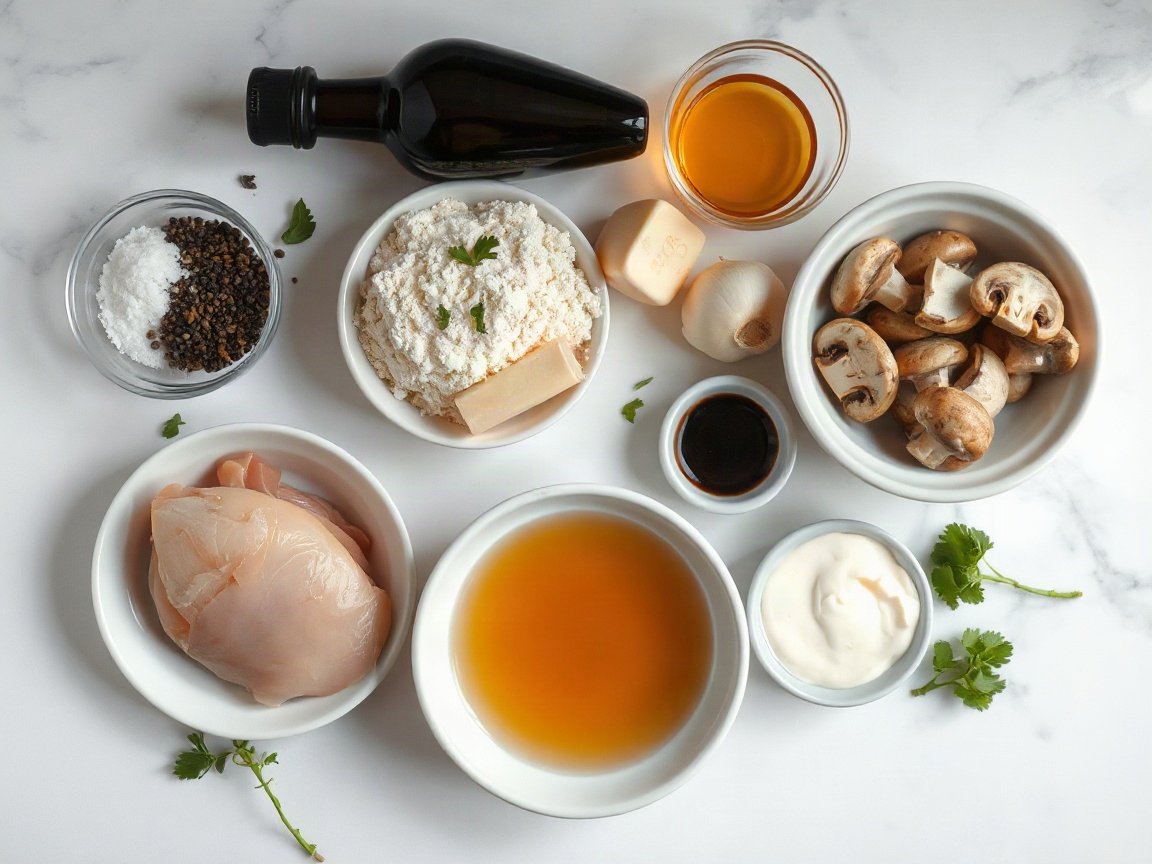 Chicken Marsala for Two (Creamy Mushroom Skillet) 4 Ingredients for Chicken Marsala: chicken breast, flour, salt, black pepper, olive oil, butter, mushrooms, shallot, garlic, Marsala wine, chicken broth, heavy cream, thyme and parsley