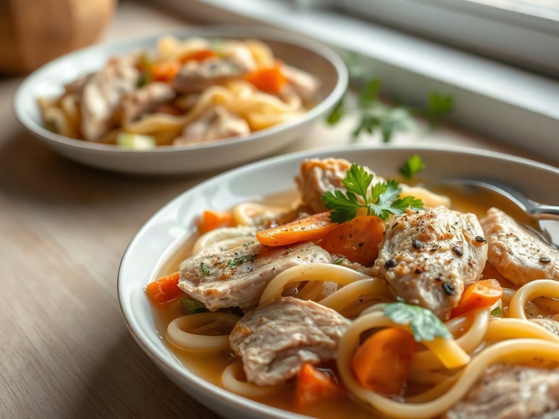 Chicken Noodle Soup for Two (Small-Batch Homemade) 5 Chicken Noodle Soup plated as two servings, close-up